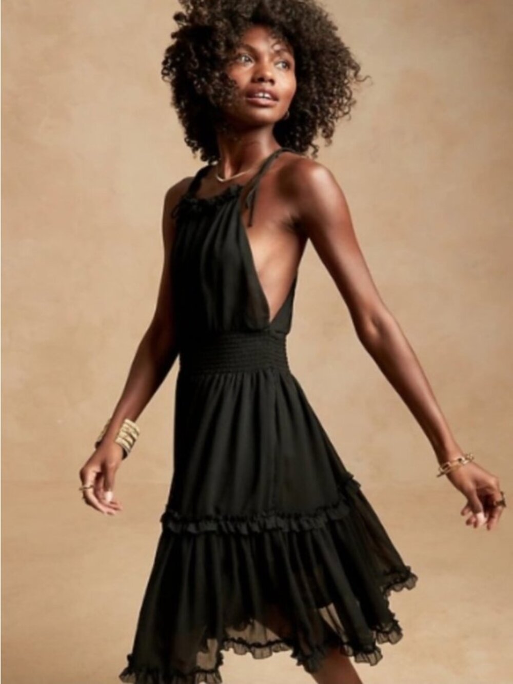 NWT $159 Banana Republic Black Crepe Ruffle Cutaway Halter Mini Dress Women's L